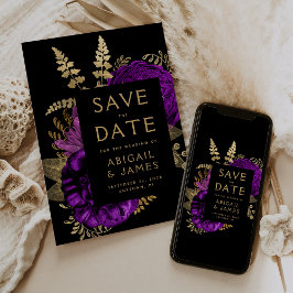 Convites Dark Floral Purple Gold Casamento Salvar a Data