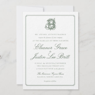 Convites Dark Green "B" Monogram Wedding Invitation