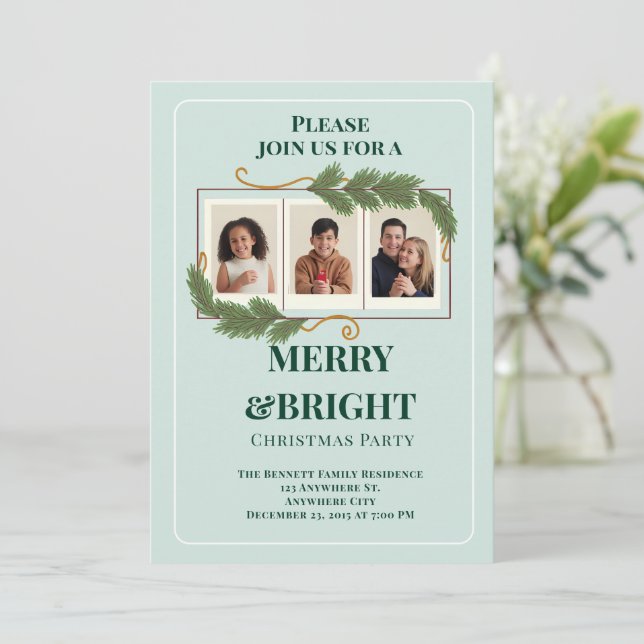 Convites Dark Green Modern Family Photo Christmas (Em pé/Frente)