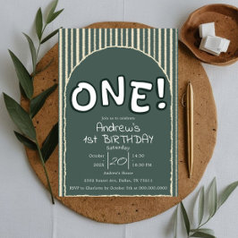Convites Dark Green Stripes 1st Birthday