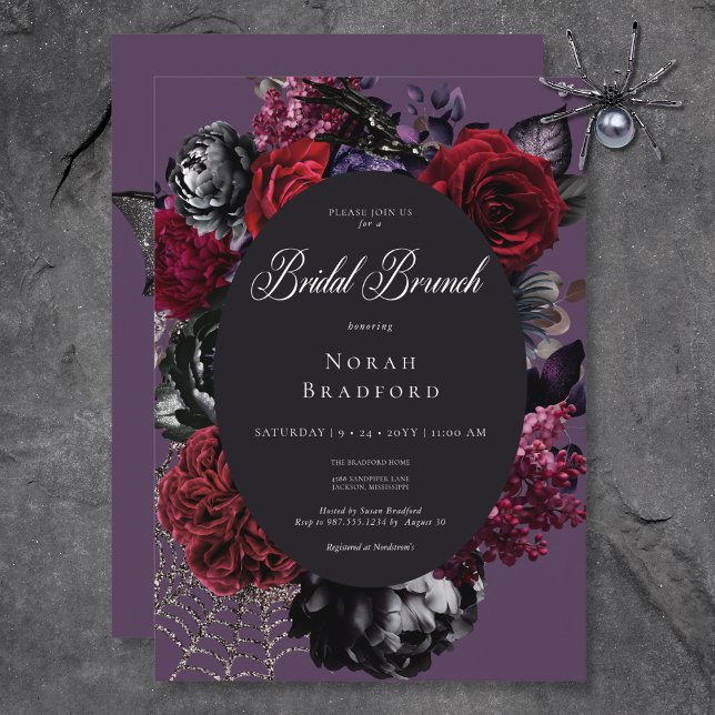 Convites Dark Halloween Glam Floral Purple Bridal Brunch (Dark Halloween Glam Floral Purple Bridal Brunch Invitation)