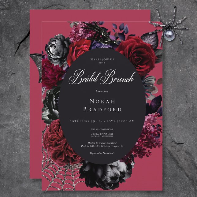 Convites Dark Halloween Glam Floral Red Bridal Brunch (Dark Halloween Glam Floral Red Bridal Brunch Invitation)