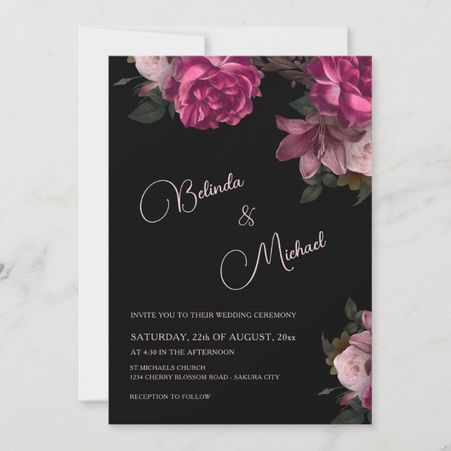 Convites Dark Hand Drawn Roses Photo Wedding (Frente)