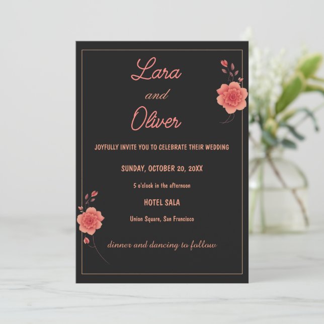 Convites Dark Minimal Rose Wedding Invitation Elegant Rom (Em pé/Frente)