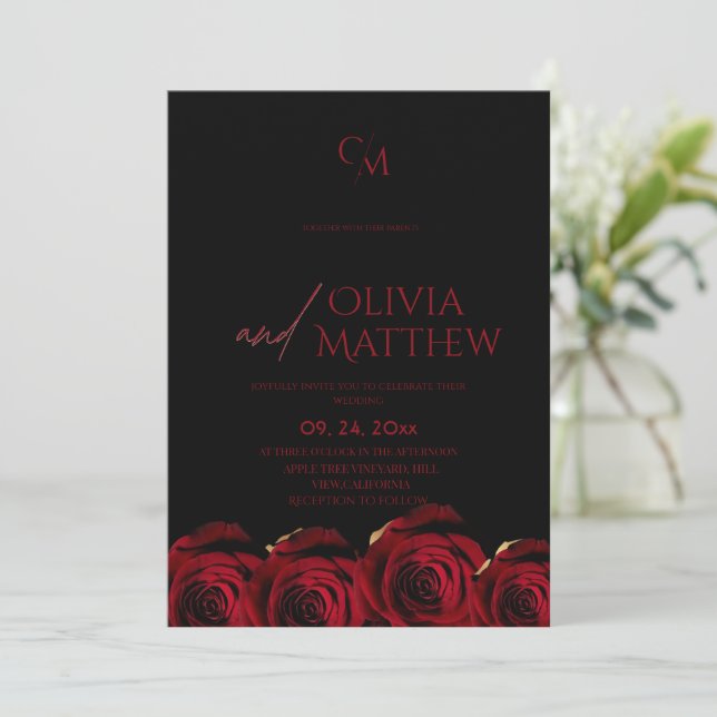 Convites Dark Modern Red Roses Black Wedding (Em pé/Frente)