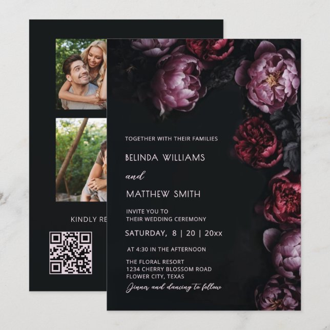 Convites Dark Moody 3D Flowers Wedding Invitation (Frente/Verso)