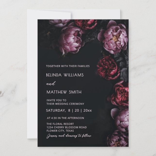 Convites Dark Moody 3D Flowers Wedding Invitation (Frente)