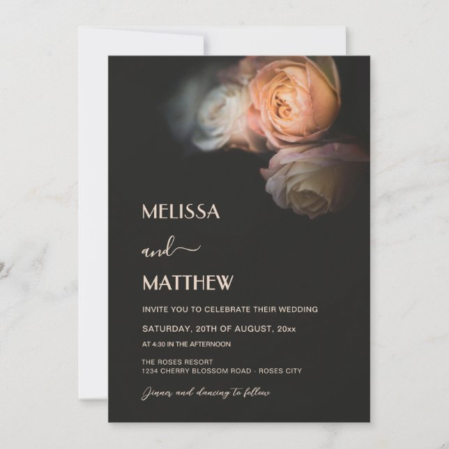 Convites Dark Moody Blush Apricot Roses Wedding (Frente)