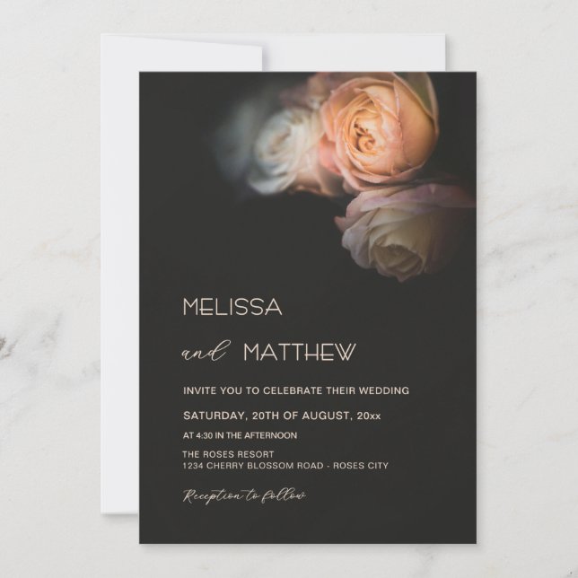 Convites Dark Moody Blush Apricot Roses Wedding (Frente)