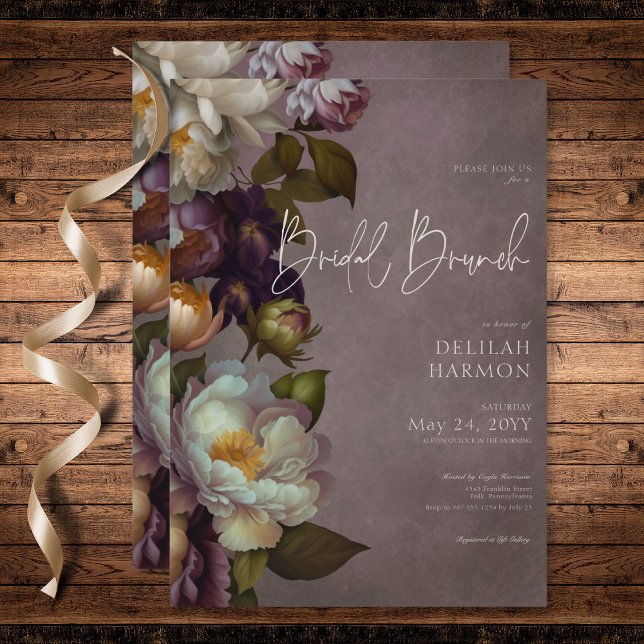 Convites Dark Moody Burgundy e Cream Floral Bridal Brunch (Dark Moody Burgundy & Cream Floral Bridal Brunch Invitation)