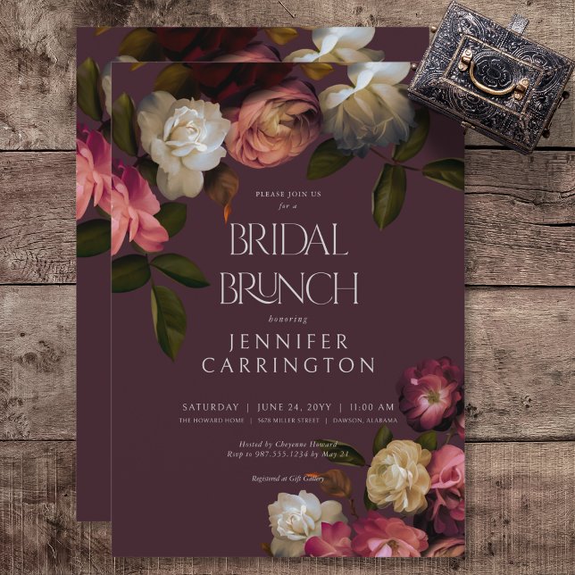 Convites Dark Moody Burgundy e Cream Peonies Bridal Brunch (Dark Moody Pink Burgundy & Cream Peonies Bridal Brunch Invitation)