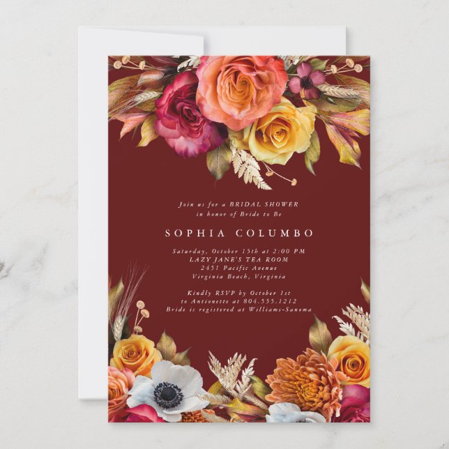 Convites Dark Moody Fall Floral lRomantic Bridal Shower  (Frente)