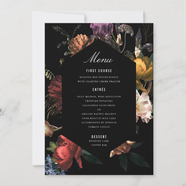 Convites Dark Moody Floral Dutch Painterly Menu (Frente)