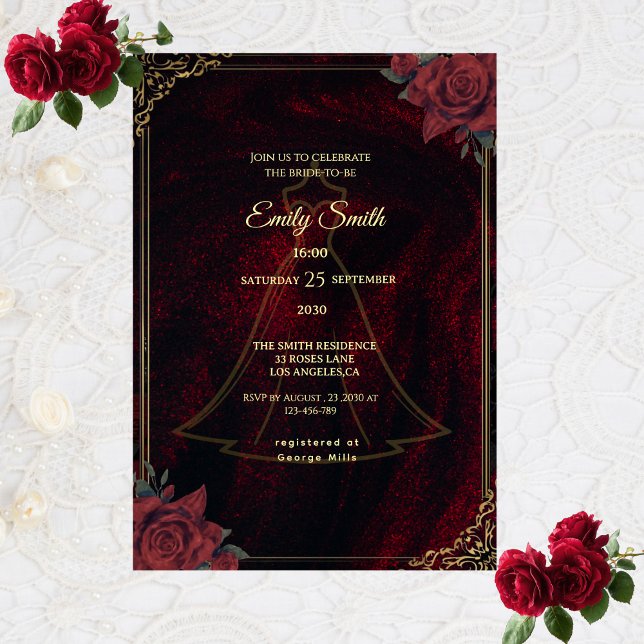 Convites Dark Moody Gothic Red Roses Elegant Bridal Shower (Criador carregado)