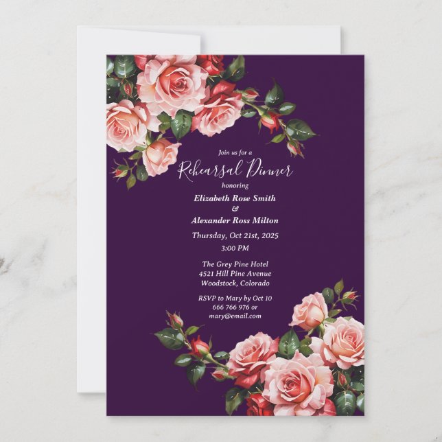 Convites Dark moody pink and red roses Rehearsal Dinner (Frente)