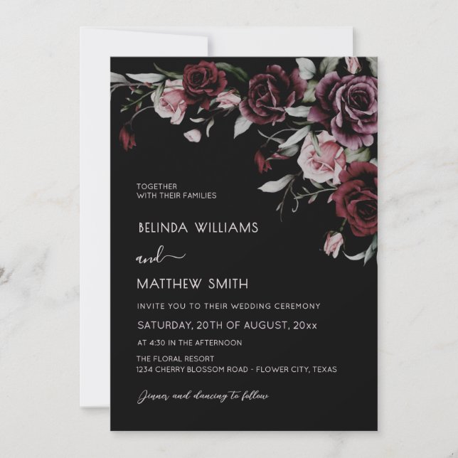 Convites Dark Moody Roses Black Background | Photo Wedding (Frente)