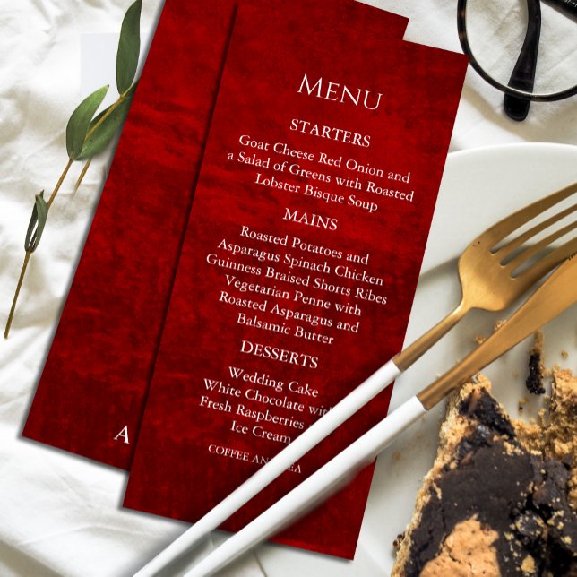Convites Dark Moody Royal Red com Menu Scratches (Dramatic and chic, our scratched red invitation with elegant white calligraphy. #menuinvitation)