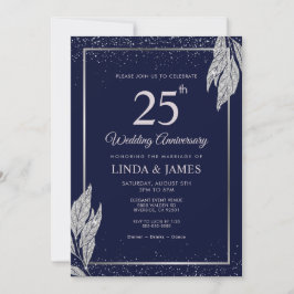 Convites Dark Navy Blue Silver Leaf Wedding Anniversary 
