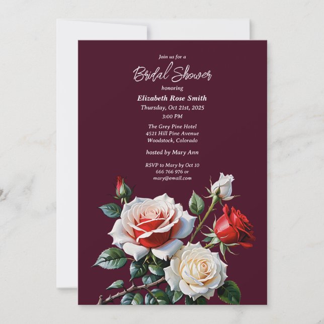 Convites Dark Pretty pink white red roses bridal shower (Frente)