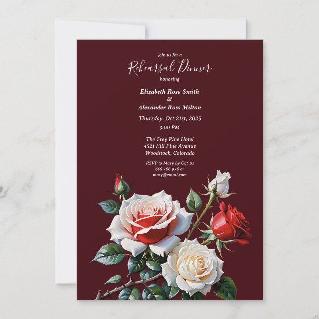 Convites Dark Pretty pink white red roses Rehearsal dinner (Frente)