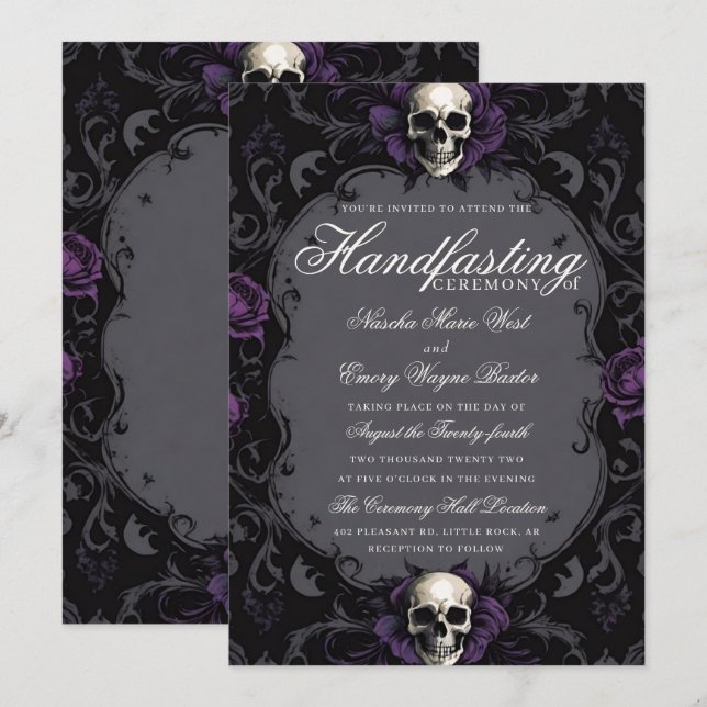 Convites Dark Purple Gothic Boho Floral Skull Handfasting (Frente/Verso)