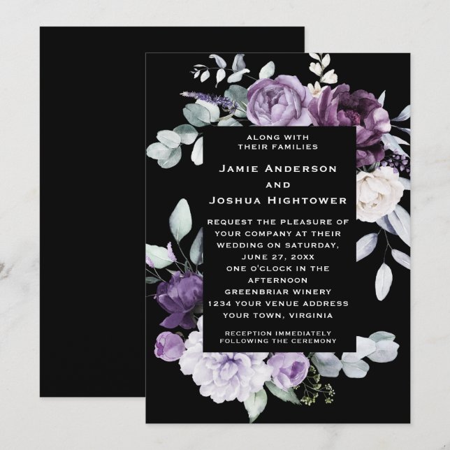 Convites Dark Purple, Lavender, White Floral Black Wedding (Frente/Verso)