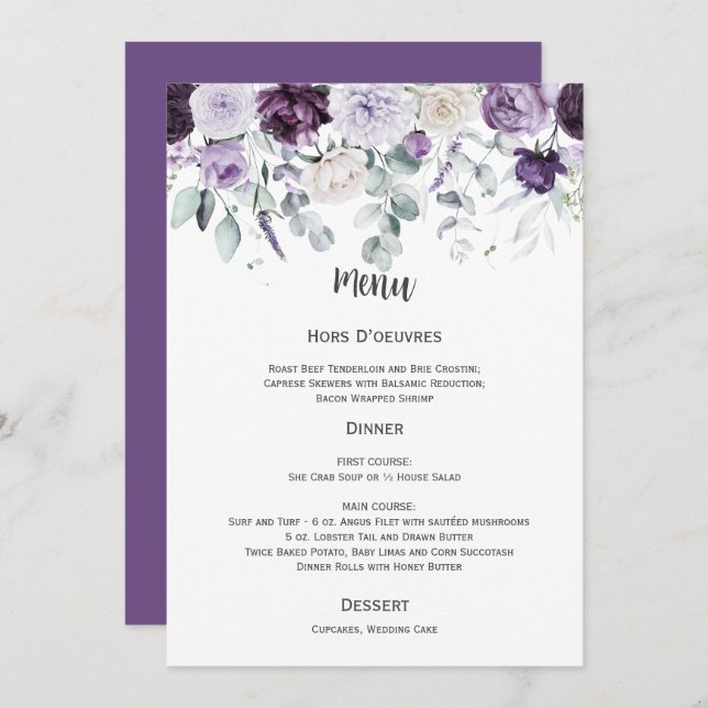 Convites Dark Purple, Lavender, White Wedding Menu (Frente/Verso)