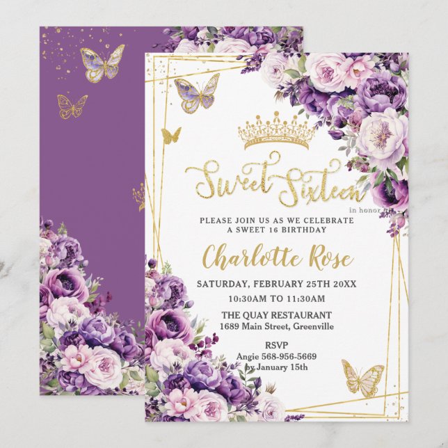 Convites Dark Purple Lilac Blush Floral Roses Sweet 16 (Frente/Verso)
