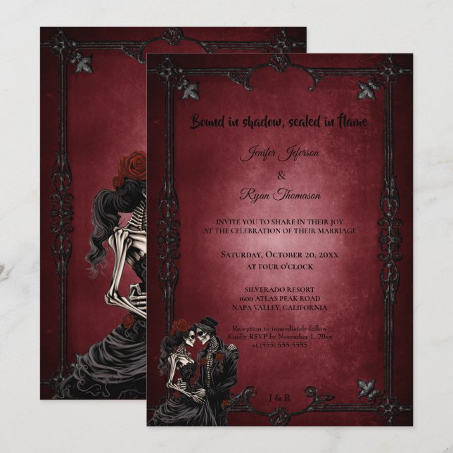 Convites Dark Red Gothic Halloween wedding invitation (Frente/Verso)