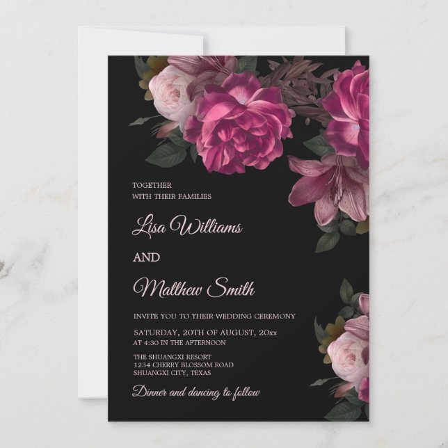 Convites Dark Romantic Hand Drawn Roses Wedding (Frente)