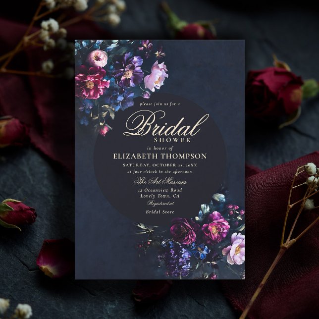 Convites Dark Romantic Moody Florals Jewel Bridal Shower (jewel tone bridal shower invitation dark moody romantic gothic dutch painting navy blue emerald fuch)