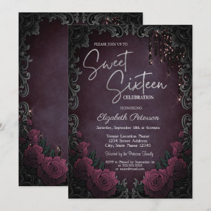 Convites Dark Roses Quadro Burgundy Glitter Gotas Doce 16