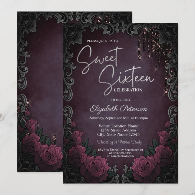 Convites Dark Roses Quadro Burgundy Glitter Gotas Doce 16  (Frente/Verso)