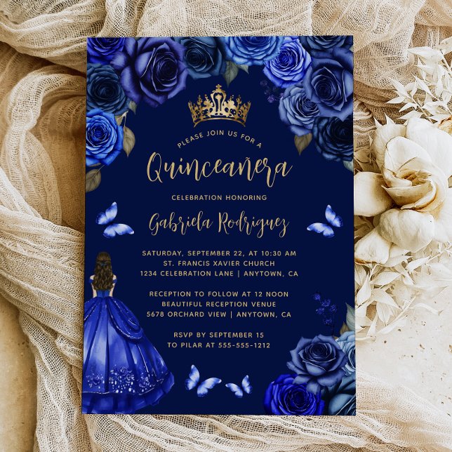 Convites Dark Royal Blue Floral Princess Quinceañera (Criador carregado)