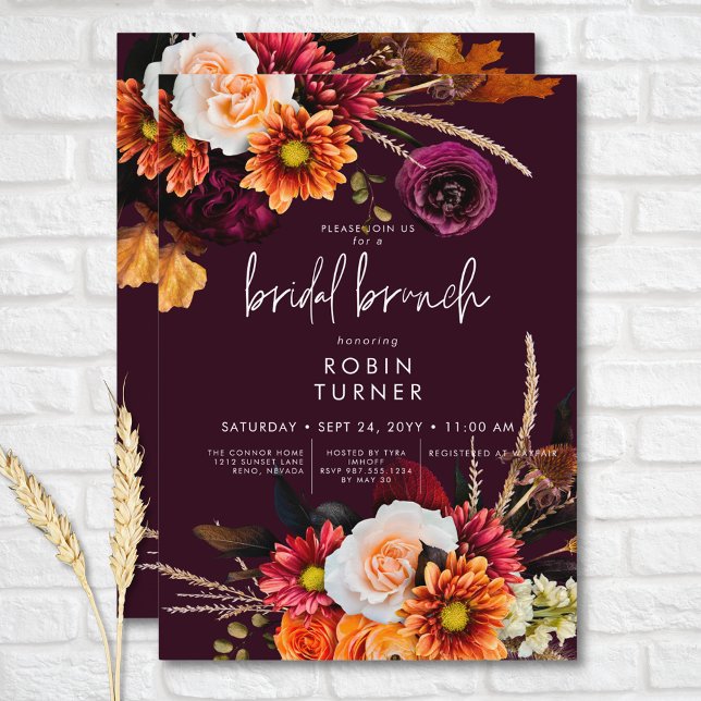 Convites Dark Russet Boho Floral Burgundy Bridal Brunch (Dark Russet Boho Floral Burgundy Bridal Brunch Invitation)