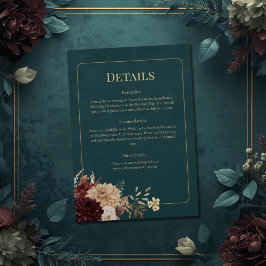 Convites Dark Teal Floral Gothic Wedding Details Card