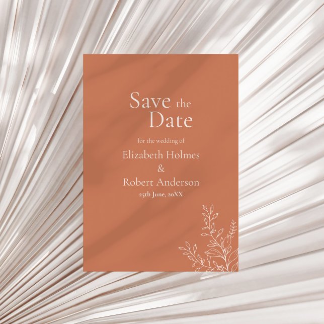 Convites Dark Terracotta Botanical Save the Date (Dark Terracotta Botanical Save the Date Invitation on a sunny dry palm leaf.)