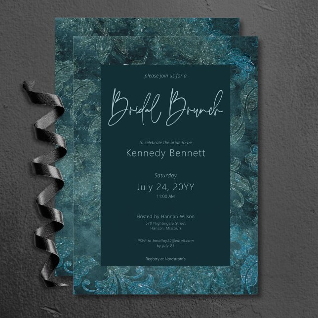Convites Dark Victorian Teal Damask Bridal Brunch (Dark Victorian Teal Damask Bridal Brunch Invitation)