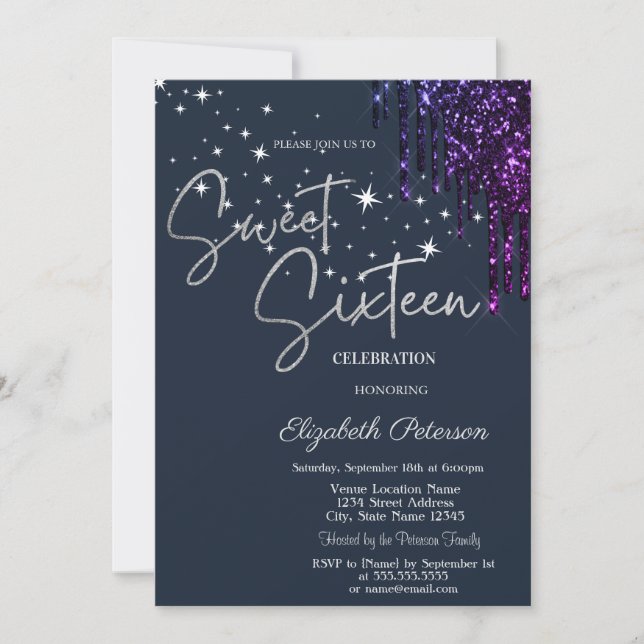 Convites Dark Violet Glitter Drips, Stars Blue Sweet 16  (Frente)