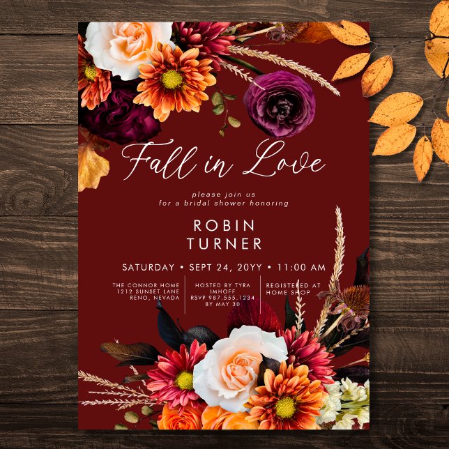 Convites Darset Boho Floral Cai No Chá de panela De Amor (Dark Russet Boho Floral Fall In Love Bridal Shower Invitation)