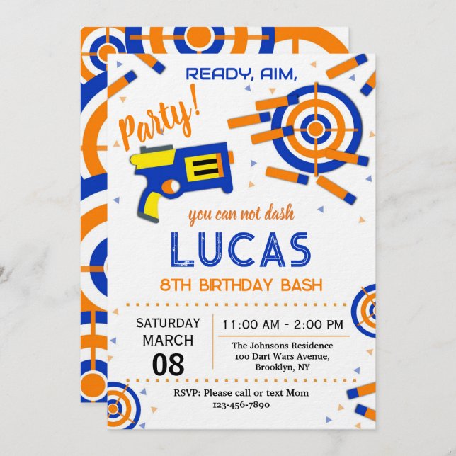 Convites Dart Party Birthday Invitation | Dart Gun (Frente/Verso)