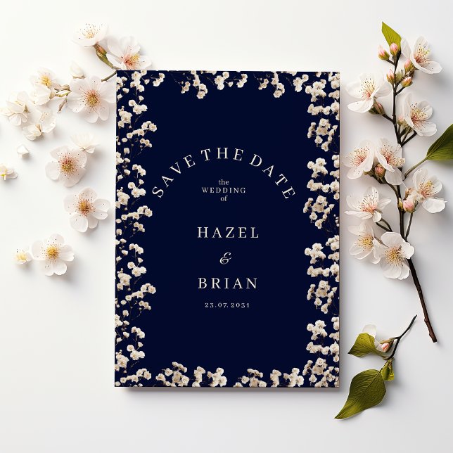 Convites Data de casamento botânica azul marinho e marfim g (Botanic navy blue ivory gypsophila Save the Date)