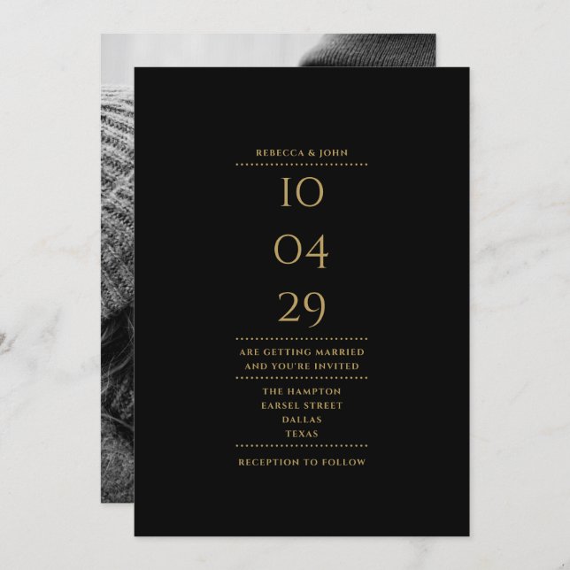 Convites Data De Casamento De Foto Dourada E Preta Minimali (Frente/Verso)