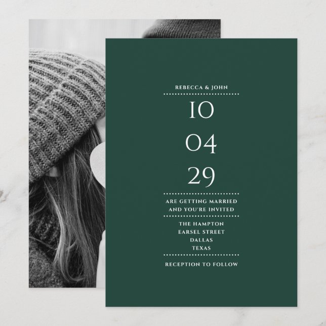 Convites Data de Casamento de Foto Verde Esmeralda Minimali (Frente/Verso)