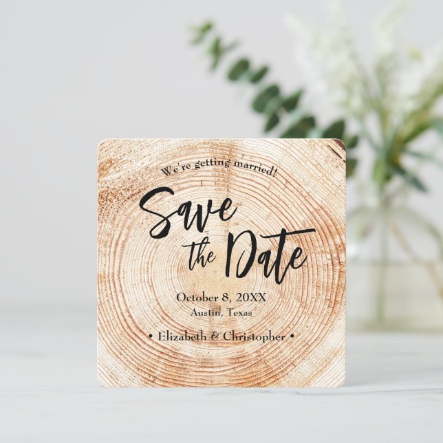 Convites Data de casamento de madeira rústica com site (Em pé/Frente)