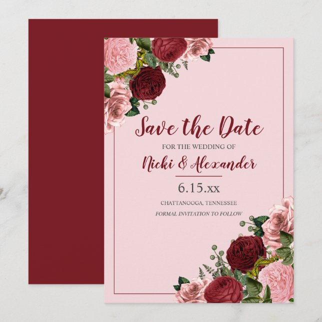 Convites Data de Casamento Floral Rosa Bege Borgonha (Frente/Verso)