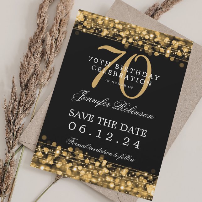 Convites Data de nascimento do 70 Dourado Salve a data (Gold 70th Birthday Save the Date Invitation)