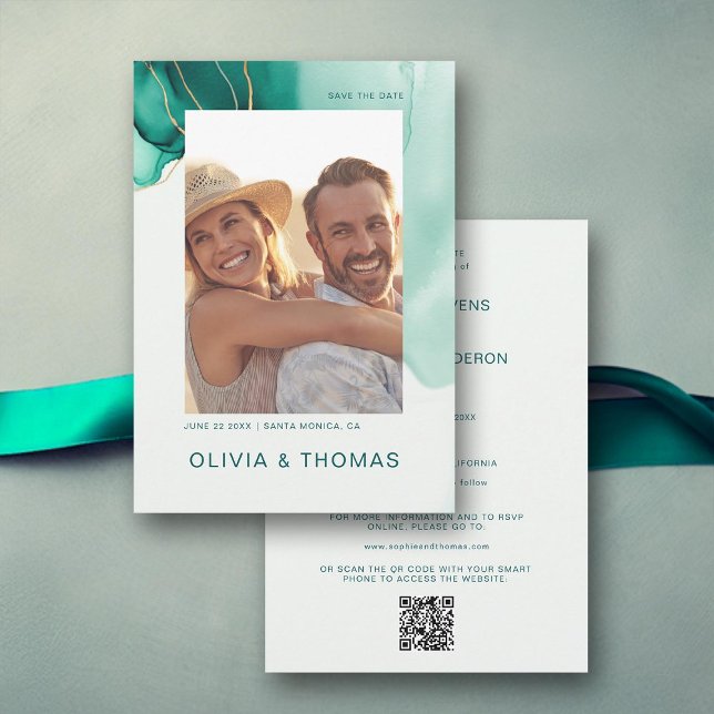 Convites Data de Salvamento da Foto QR do Casamento Moderno (emerald gold wedding photo save the date modern romantic elegant bohemian chic simple classy luxury)