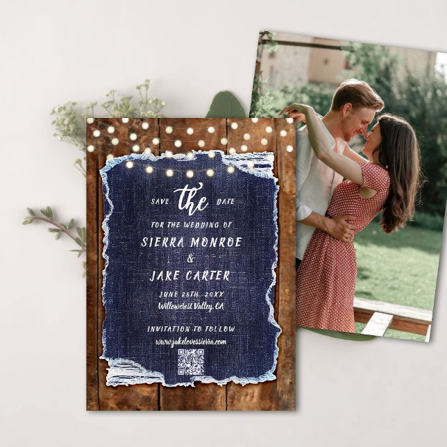 Convites Data de Salvamento de Casamento de Casamento de Ma (rustic wedding save the date cowboy barn wood denim string lights ranch country western qr code)