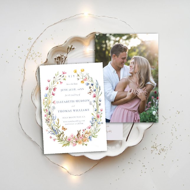 Convites Data de Salvamento de Foto Moderna do Jardim de Fl (wildflowers wedding save the date photo enchanted garden woodland forest butterfly rabbit whimsical)